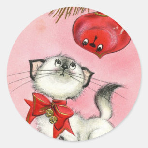 Adesivo Redondo Árvore Gata Rosa De Natal Bonita Gatinho Vintage