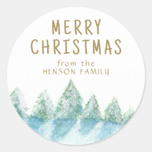 Adesivo Redondo Árvore Natal Aquarela Floresta Neve Artística
