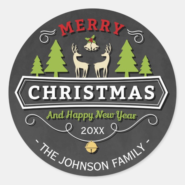 Adesivo Redondo Árvore Natal de Reindeer com Chalkboard (Frente)