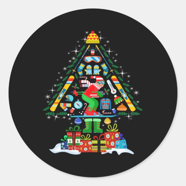 Adesivo Redondo Árvore Natal Light Xmas Skiing Snowboard Sno (Frente)