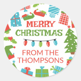 Adesivo Redondo Árvore Retro Whimsical e presentes Feliz Natal De