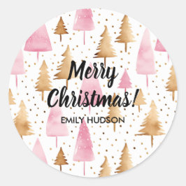 Adesivo Redondo Árvore Rosa Dourada Feliz de Natal