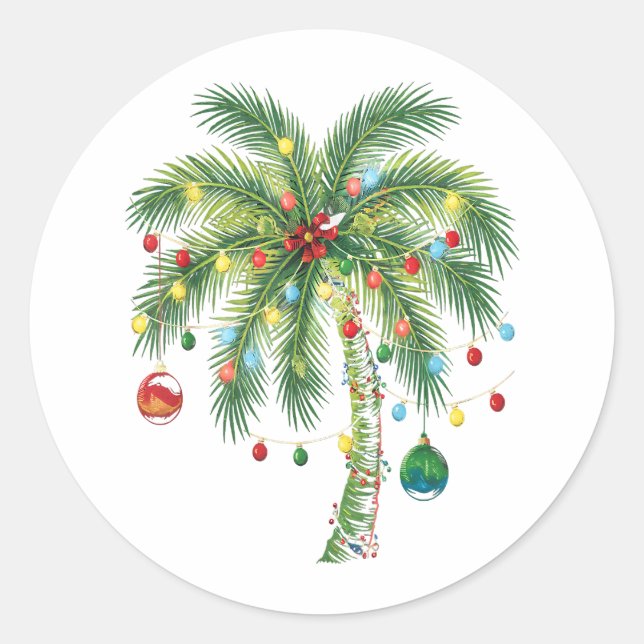 Adesivo Redondo Árvore tropical de palma de Natal com luzes e orna (Frente)