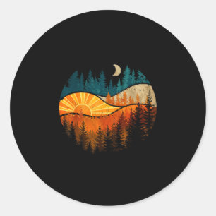 Adesivo Redondo Árvores da floresta vintage pôr do sol lua ao ar l