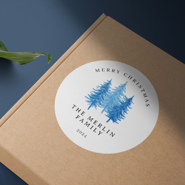 Adesivo Redondo Árvores de Aquarela Moderna Feliz Natal (Criador carregado)