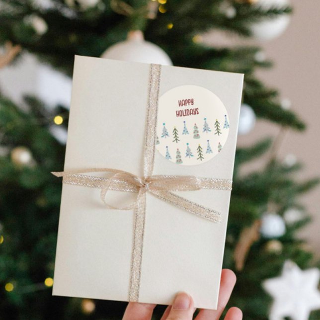 Adesivo Redondo Árvores de Natal bonitas (Custom hand drawn Scandinavian trees Christmas sticker with your greeting)