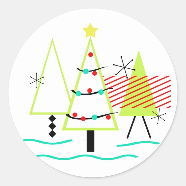 Adesivo Redondo árvores de natal modernas de meados do século retr (Frente)