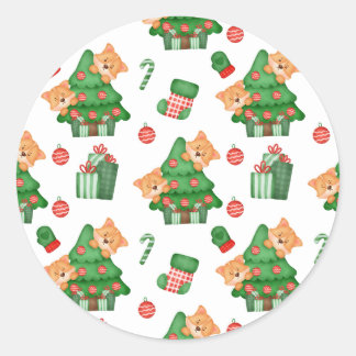 Adesivo Redondo Árvores de Natal, Ornamentos e Gatos