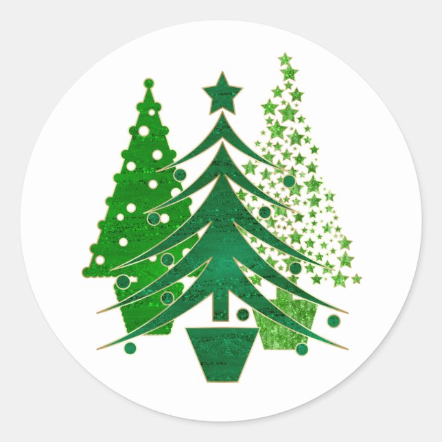 Adesivo Redondo Árvores de Natal Simuladas em Verde com Folha de O (Frente)