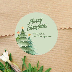 Adesivo Redondo Árvores de Natal Verde Aquarela Personalizado