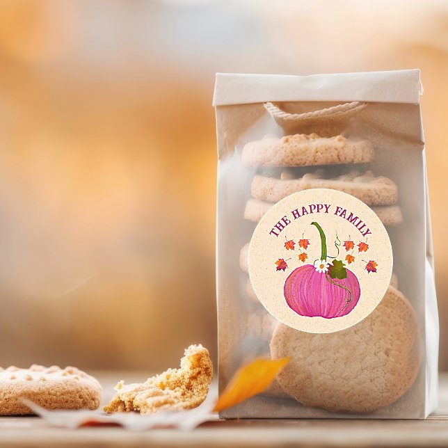 Adesivo Redondo As abóboras de ação de graças caem personalizam a  (Thanksgiving Fall Pumpkin Pink Packaging and Party Favor Bags. Easy to personalize)