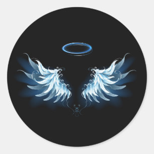 Adesivo Redondo Asas Anjos Azuis Brilhantes em fundo preto
