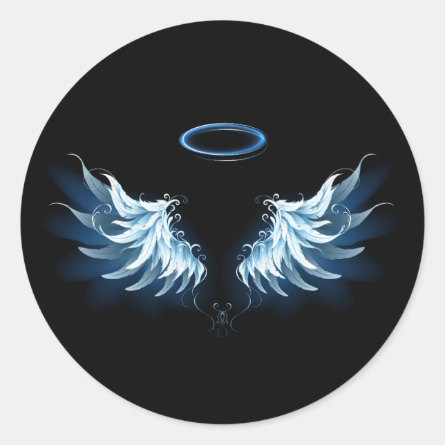 Adesivo Redondo Asas Anjos Azuis Brilhantes em fundo preto (Frente)