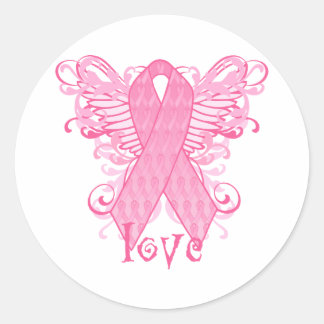 Adesivo Redondo Asas de Amor com Fita Rosa