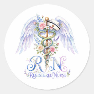 Adesivo Redondo Asas de Anjo Enfermeira Registrada RN Aquarela Flo