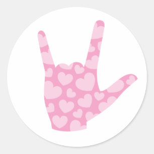 Adesivo Redondo ASL "I Love You" Pink Hearts Sign Language Sticker