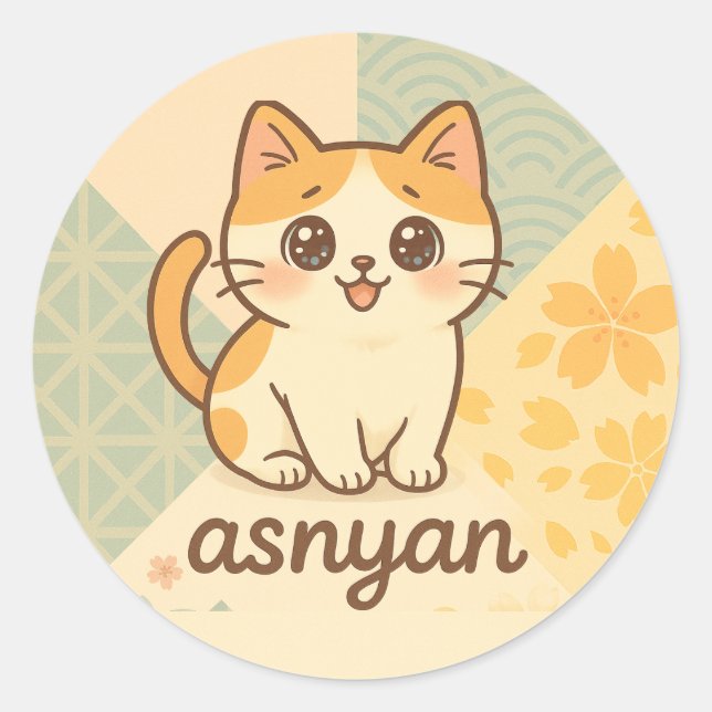 Adesivo Redondo Asnyan | Sakura Cat Sticker – Cute Japanese Style (Frente)