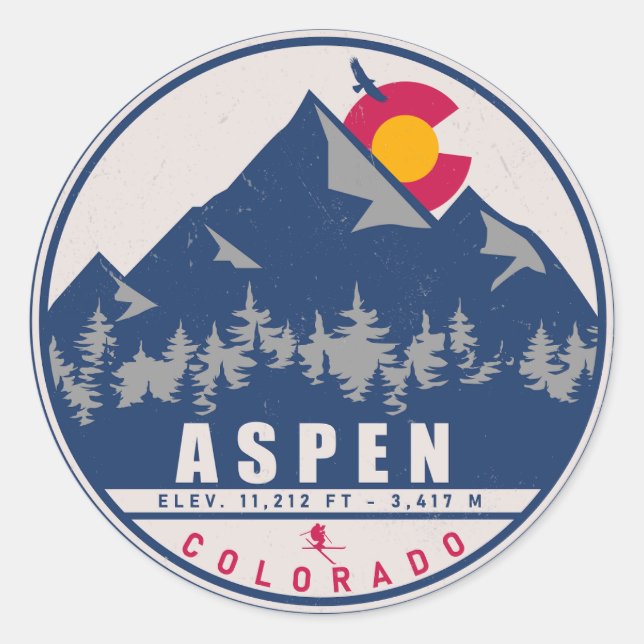 Adesivo Redondo Aspen Colorado Retro Sunset Souvenirs 80s (Frente)