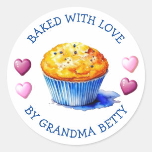 Adesivo Redondo Assados com Amor, Muffins de Mirtilo Feitos à Mão