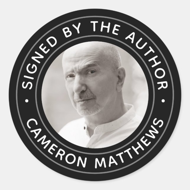 Adesivo Redondo Assinado pelo autor foto personalizada preto moder (Frente)