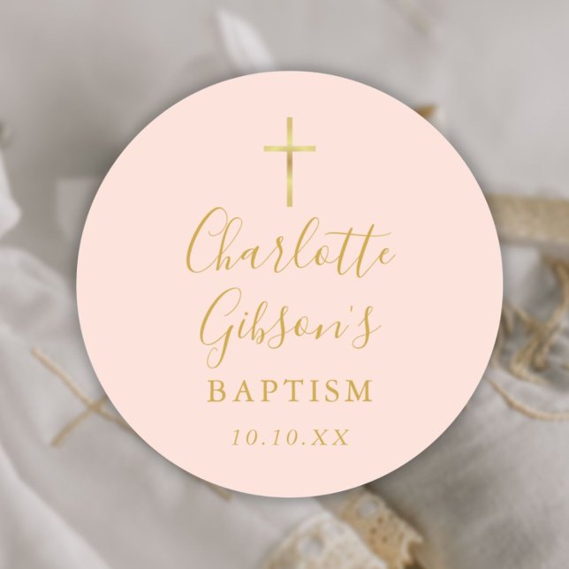 Adesivo Redondo Assinatura Dourada Batismo Batizado Rosa Bege (Gold Signature Baptism Christening Blush Pink Classic Round Sticker)