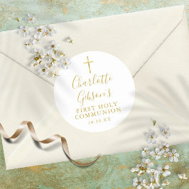 Adesivo Redondo Assinatura Dourada Cruz Dourada Primeira Comunhão