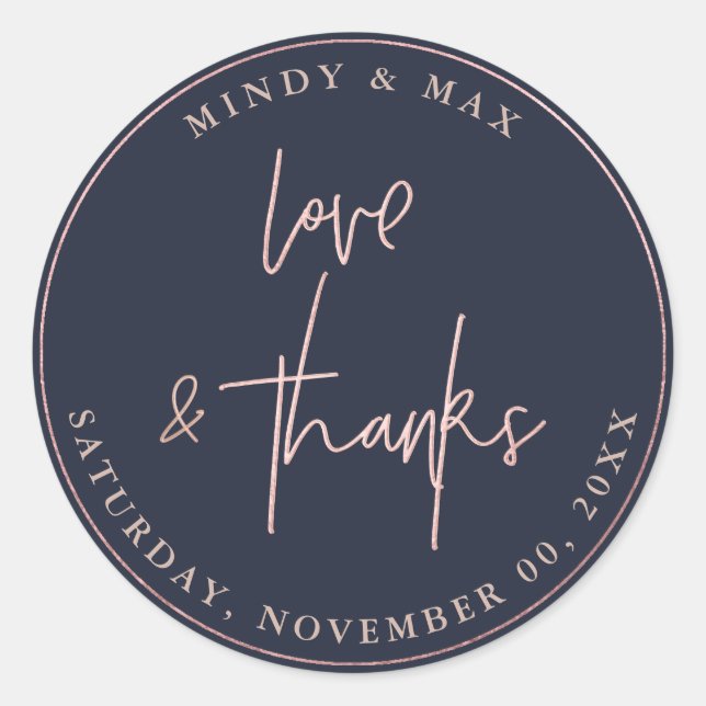 ADESIVO REDONDO ASSINATURA EM SCRIPT LOVE+THANKS EM FAUX ROSE GOLD (Frente)