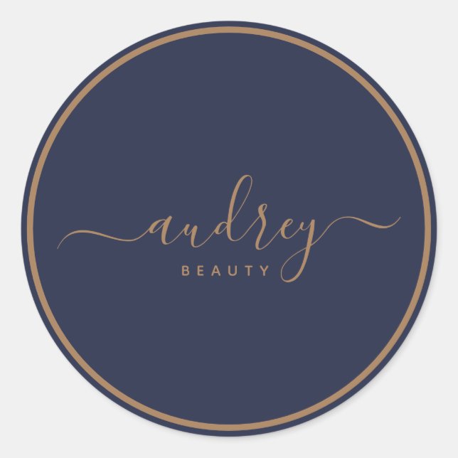 Adesivo Redondo assinatura ouro azul marinho moderna (Frente)