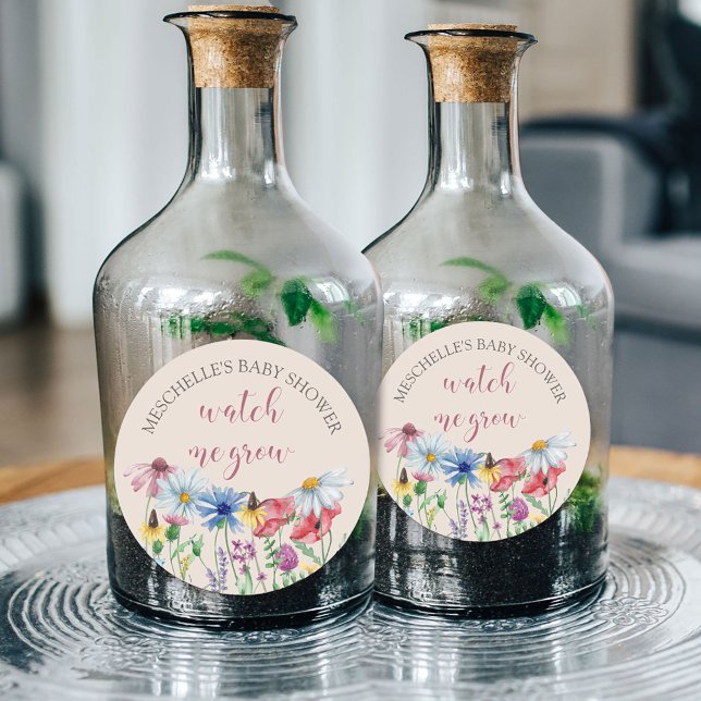 Adesivo Redondo Assista-me Cultivar Chá de fraldas de flor selvage (Watch me Grow favor stickers for country floral baby shower from my Wildflower Charm collection)