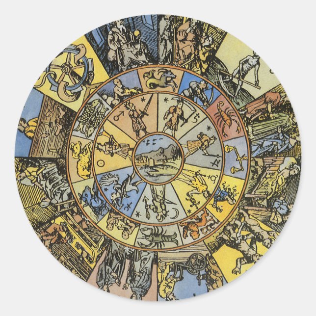 Adesivo Redondo Astrologia Vintage, Renascença Roda Zodiaca, 1555 (Frente)