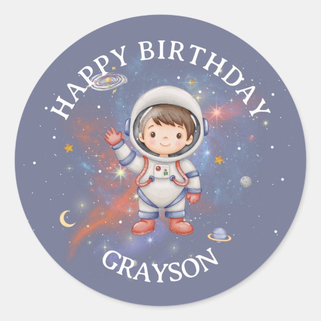 Adesivo Redondo Astronaut Outer Space Boy Birthday (Frente)