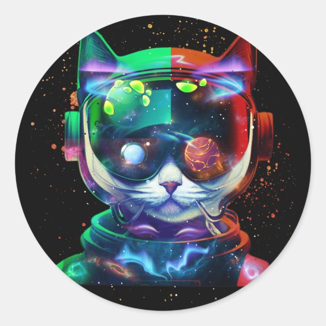 Adesivo Redondo Astronauta de Gato no Fato Espacial e Capacete no  (Frente)