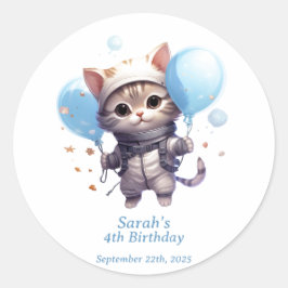 Adesivo Redondo Astronauta de Gato para Crianças: Festa de anivers