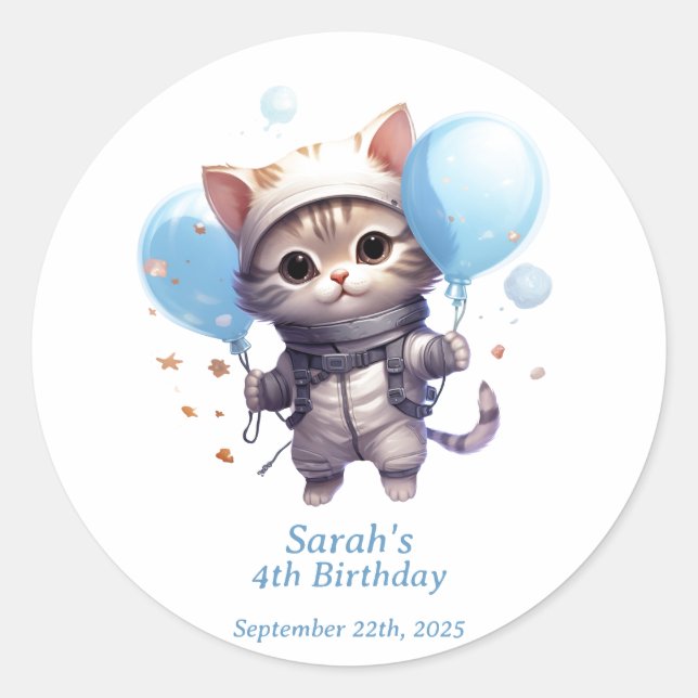 Adesivo Redondo Astronauta de Gato para Crianças: Festa de anivers (Frente)
