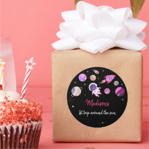 Adesivo Redondo Astronauta do Espaço Exterior Rosa Primeiro Aniver