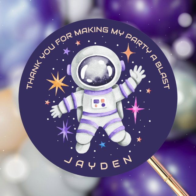 Adesivo Redondo Astronauta e Estrelas do Exterior Obrigado (Astronaut and Stars Outer Space Thank You Classic Round Sticker)