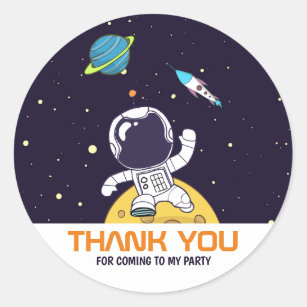 Adesivo Redondo Astronauta Flutuando no Espaço Exterior Obrigado