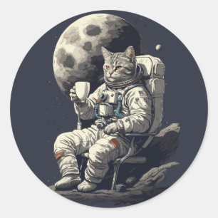 Adesivo Redondo Astronauta Gato com Xícara de Café