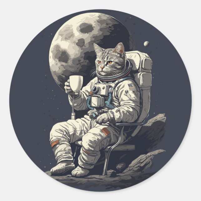 Adesivo Redondo Astronauta Gato com Xícara de Café (Frente)
