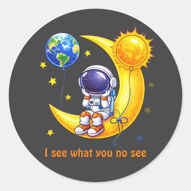 Adesivo Redondo Astronauta no Crescente da Lua Arte Espacial (Frente)