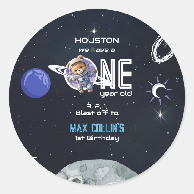 Adesivo Redondo Astronauta no Espaço Exterior Aniversário de 1 Ano (Frente)