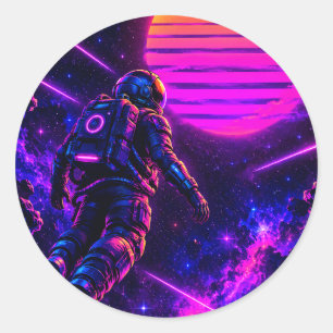 Adesivo Redondo Astronauta Retro Synthwave Ciberpunk Espaço Redond
