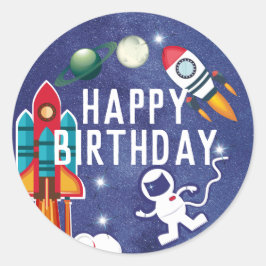 Adesivo Redondo Astronauta Rocket Ship Outer Space Happy Birday