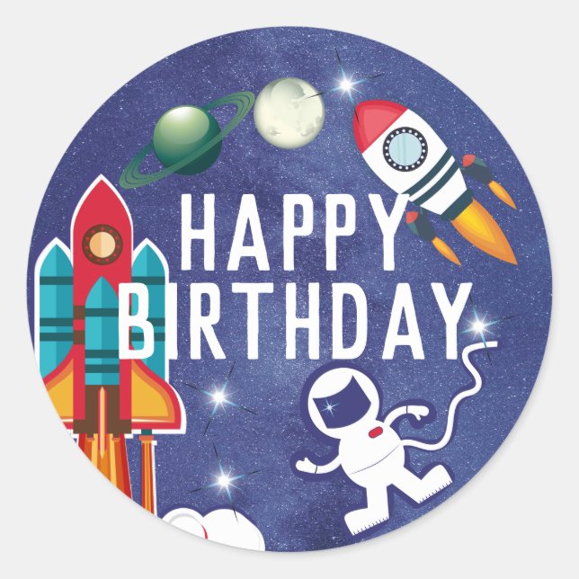 Adesivo Redondo Astronauta Rocket Ship Outer Space Happy Birday (Frente)