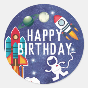 Adesivo Redondo Astronauta Rocket Ship Outer Space Happy Birday