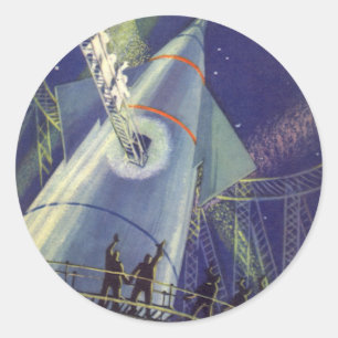 Adesivo Redondo Astronautas de Ficção Científica Vintage em Nave E