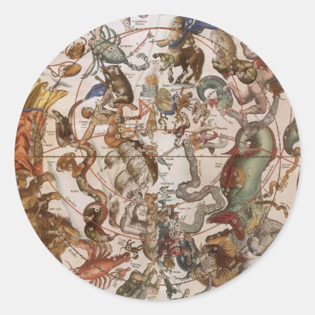 Adesivo Redondo Astronomia venenosa, constelações do Céu Meridiona (Frente)