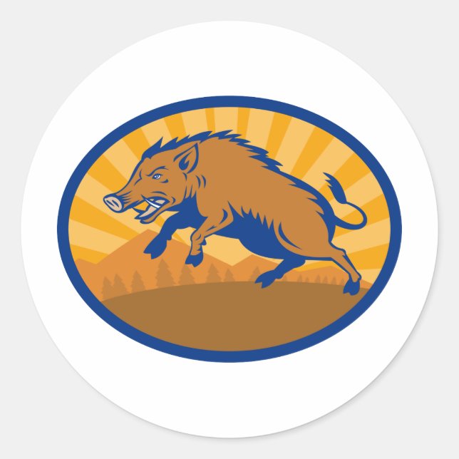Adesivo Redondo Ataque a Wild Boar Pig Razorback Hog (Frente)