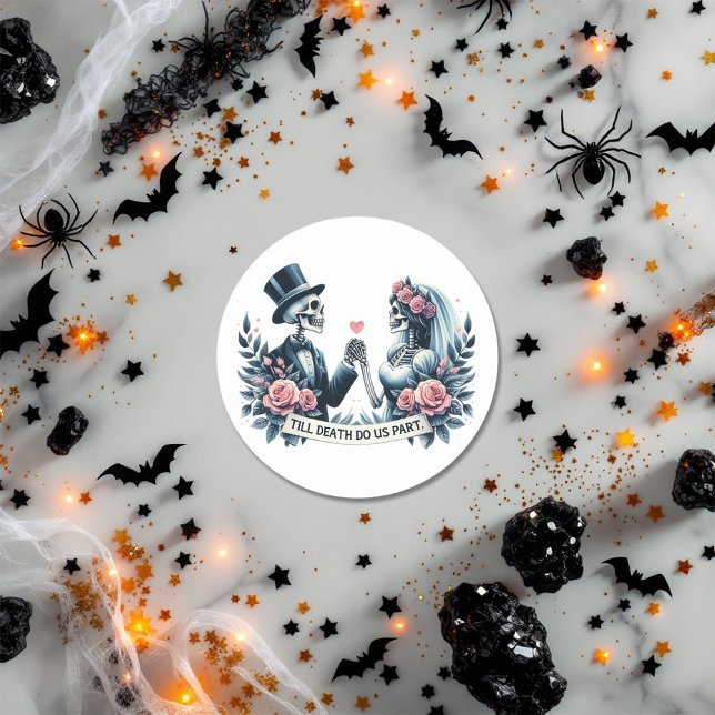 Adesivo Redondo "Até que a morte nos separe" Casamento Gótico ("Till Death Do Us Part" Gothic Wedding Classic Round Sticker)