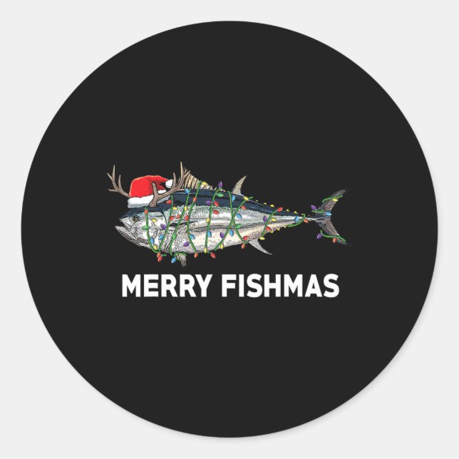 Adesivo Redondo Atum Engraçado Peixe Natal Papai Noel Xmas Pescado (Frente)